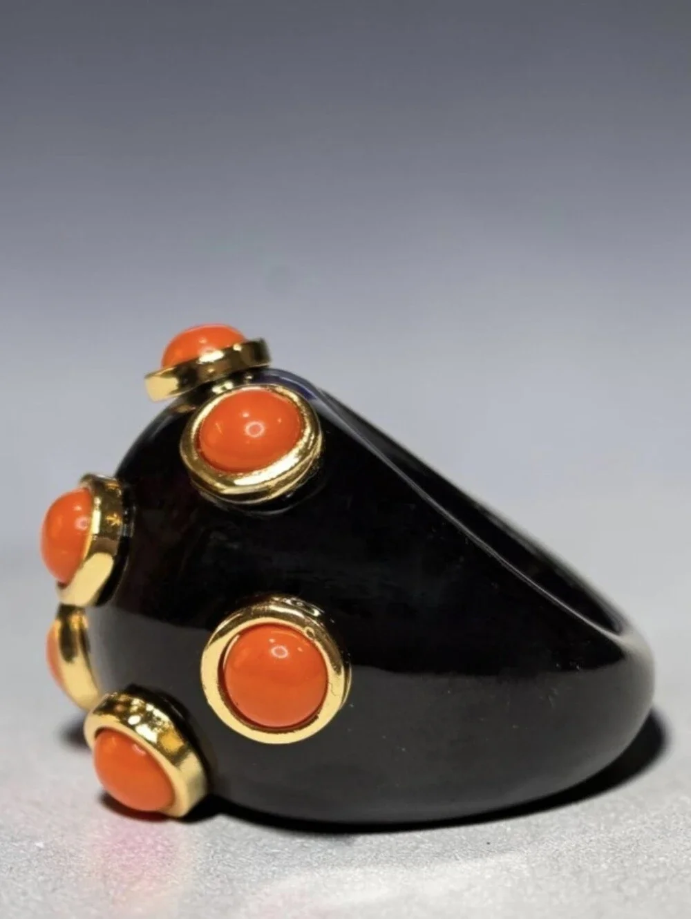 Chunky Catwalk Jon Oversized Domed Onyx Lucite Coral Cabochon Cocktail Ring